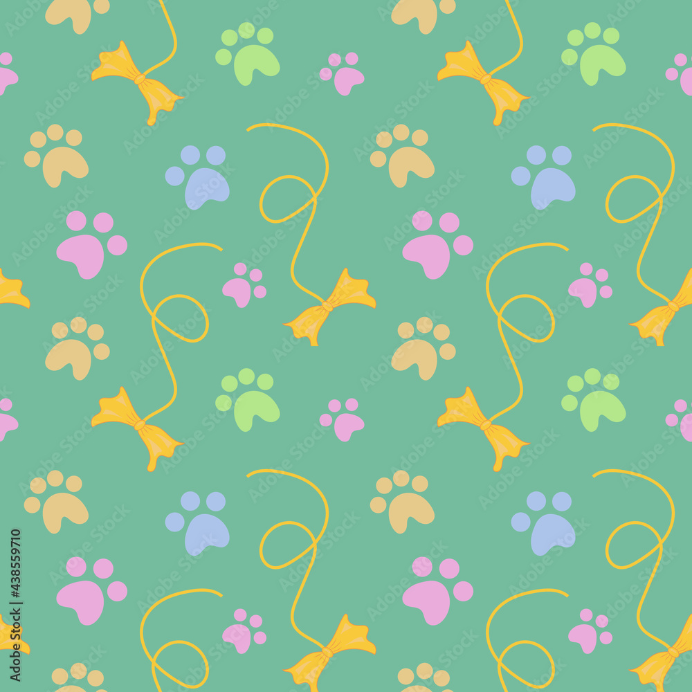 toy for a kitten and cat footprints, green background, vector illustration in flat style, seamless pattern, pet