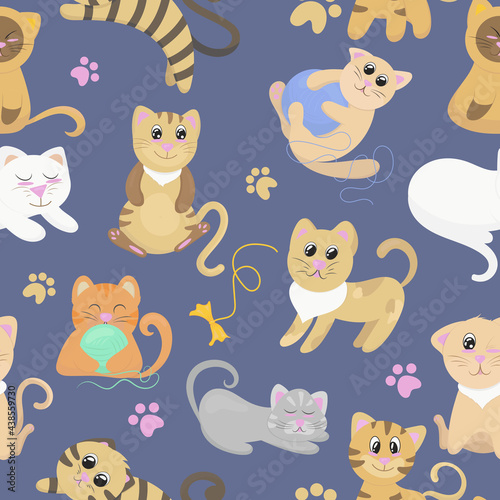 cute kittens playing with a ball of thread, jumping and sitting, blue background, vector illustration in a flat style, seamless pattern, pet