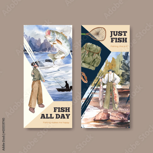 Flyer template with fishing camp concept,watercolor style