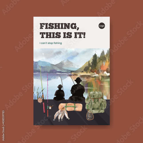 Poster template with fishing camp concept,watercolor style