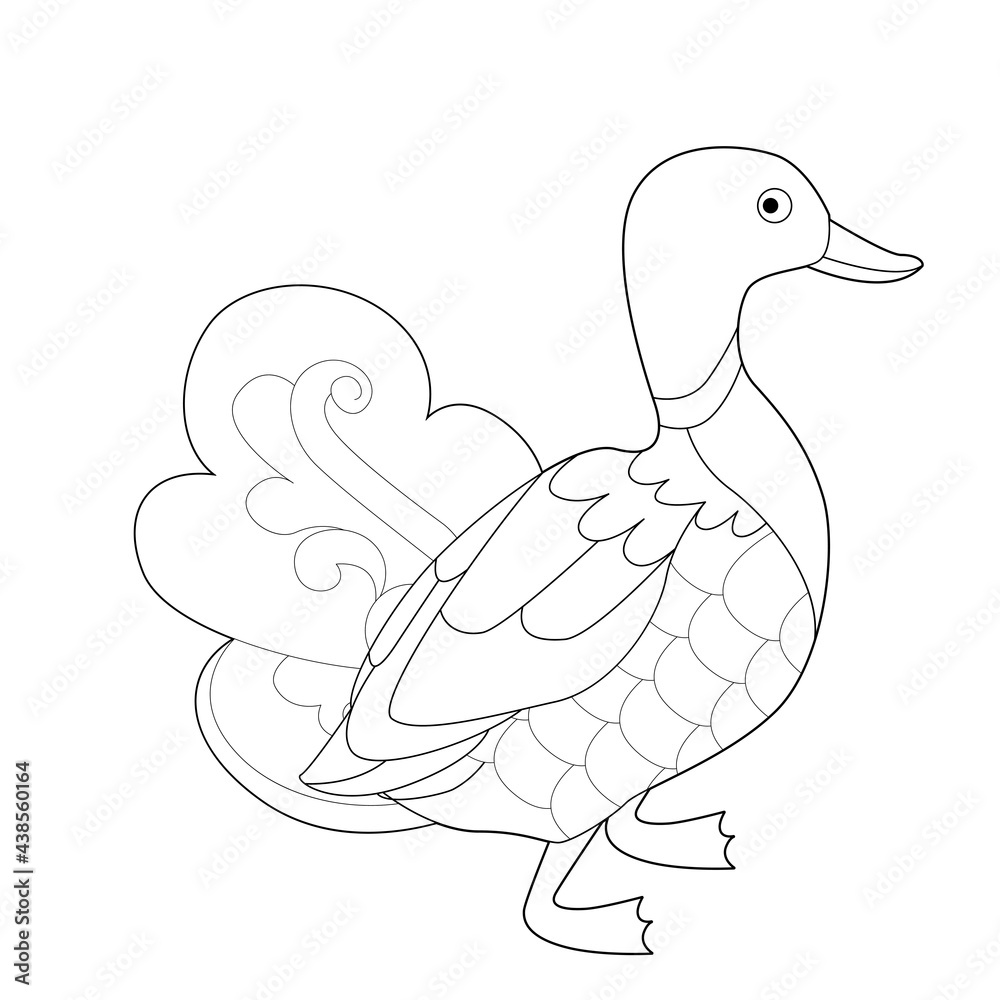 Fototapeta premium Contour linear illustration with bird for coloring book. Cute duck, anti stress picture. Line art design for adult or kids in zentangle style and coloring page.