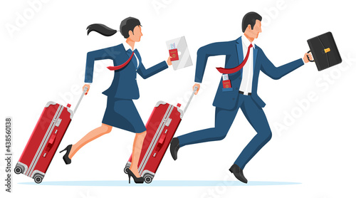 Woman with Travel Bag. Tourist with Suitcase, Briefcase, Running to Airport. Businesswoman with Luggage Isolated. Businessman with Baggage. Business Flight Concept. Flat Vector Illustration