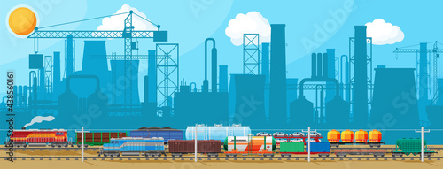 Industrial Landscape of Cargo Rail Transportation with Plant and Fuming Pipes. Factory Building. Pipes, Buildings, Warehouse, Freight Railway Station. Cityscape Urban Skyline. Flat Vector Illustration