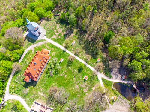 Skalka Baroque complex with church of St Mary Magdalene and Stations of the Cross. Mnisek pod Brdy, Czech Republic. Aerial view from drone. photo