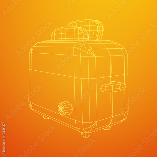 Toaster with two fried pieces of loaf prepared for a breakfast. Wireframe low poly mesh vector illustration.