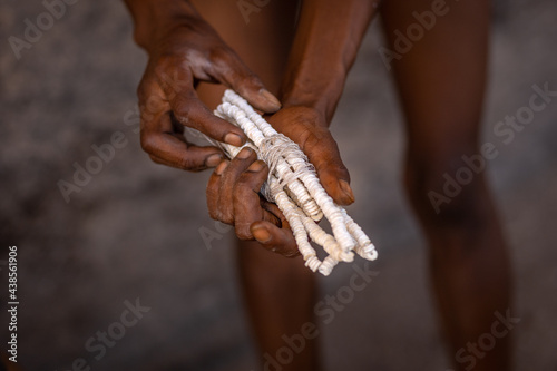 Bushmen Tribe San People. Primitive people living in the Kalahari Desert, Namibia.