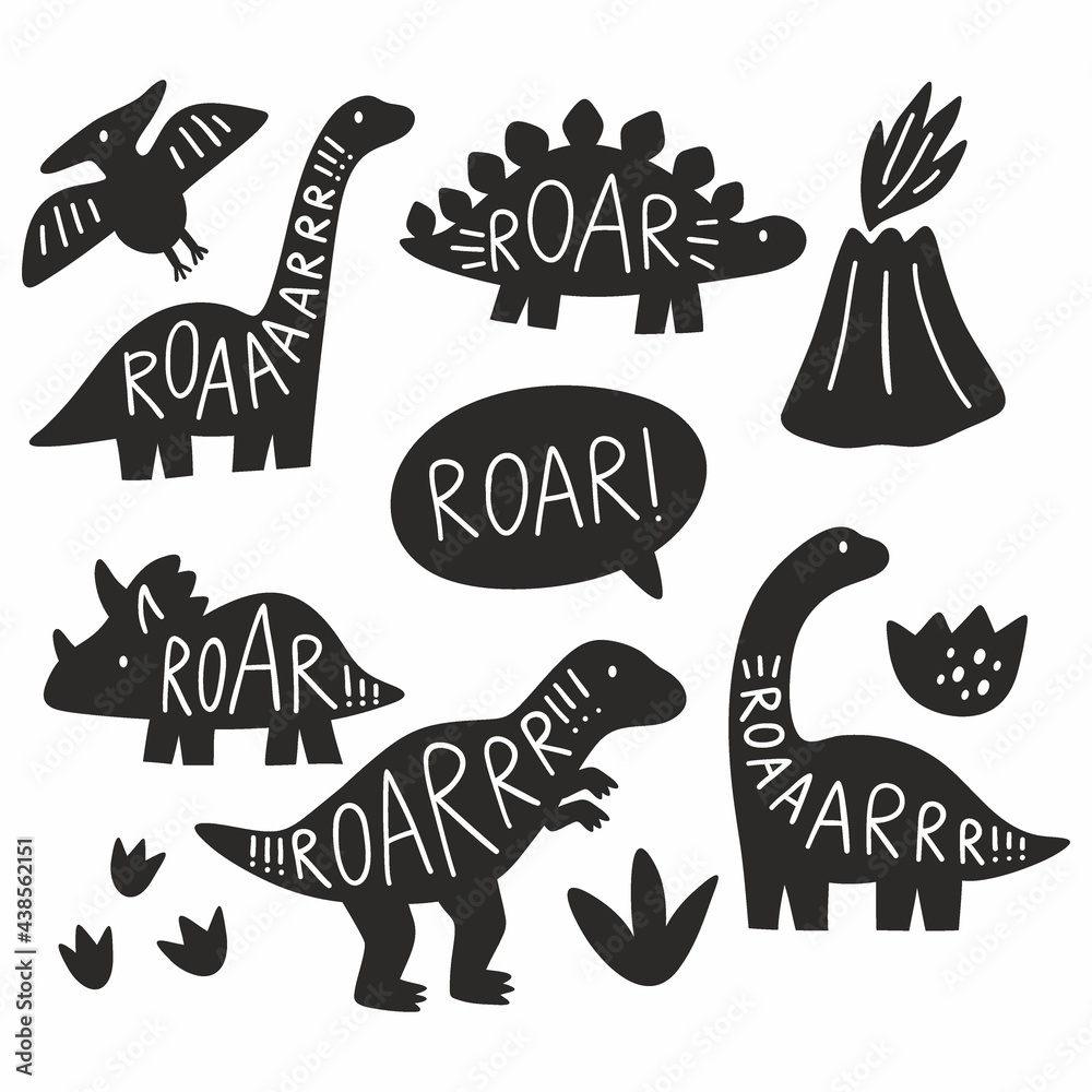 Cute doodle dino. Cartoon illustration dinosaur Silhouette. Vector print with cute dino in scandinavian style. Hand drawn lettering - Roar