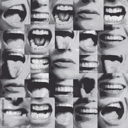 Creative seamless pattern with human mouths expressing various emotions-smiling, surprised, shocked, sad. Monochrome grayscale vector background in retro style. Wallpaper, wrapping paper, fabric