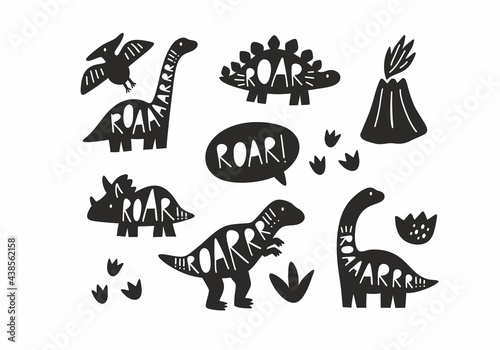Cute doodle dino. Cartoon illustration dinosaur Silhouette. Vector print with cute dino in scandinavian style. Hand drawn lettering - Roar