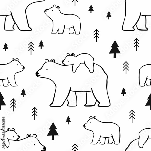 Hand drawn Mama Bear vector print. Mom and baby bear - illustrations for kids