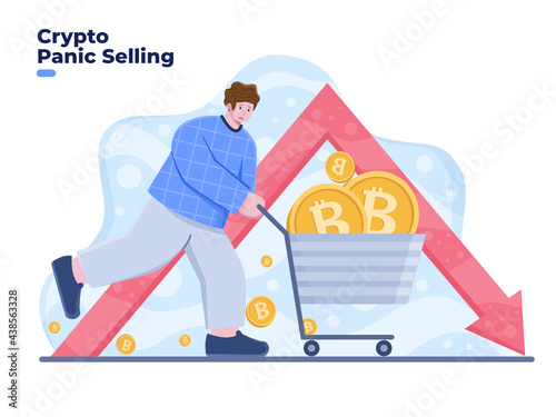 Panic person selling  crypto while crypto crash flat vector illustration. Crisis of the cryptocurrency. New investors panic selling when the stock market graph fall down. Crypto investment risk.