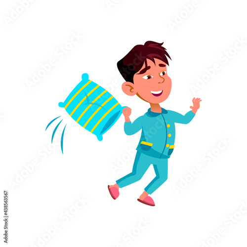 smiling small bay play battle with pillow cartoon vector. smiling small bay play battle with pillow character. isolated flat cartoon illustration