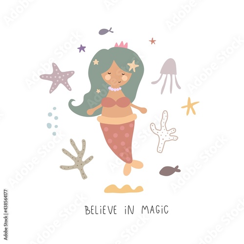 cartoon mermaid, hand drawing lettering. Flat style vector illustration for kids. baby design for greeting cards, print, decoration