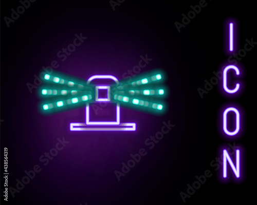 Glowing neon line Automatic irrigation sprinklers icon isolated on black background. Watering equipment. Garden element. Spray gun icon. Colorful outline concept. Vector