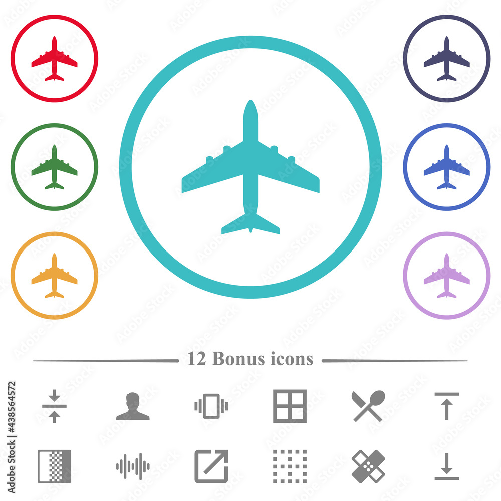 Passenger aircraft flat color icons in circle shape outlines