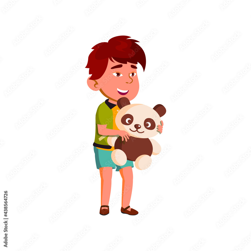 Naklejka premium asian boy won bear toy in game cartoon vector. asian boy won bear toy in game character. isolated flat cartoon illustration