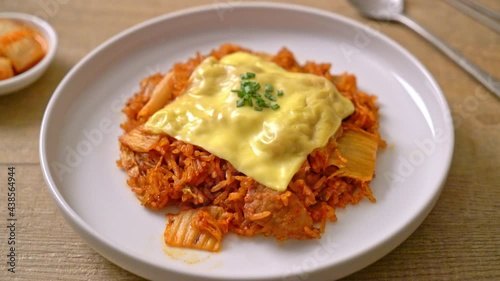 kimchi fried rice with pork and topped cheese - Asian and fusion food style photo