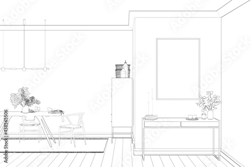 Sketch of the dining room interior with the vertical poster above the console with decor and dried flowers in a vase. In the background, we see a served dining table, a sideboard. 3d render