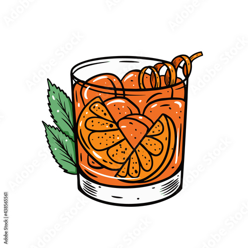 Old fashioned cocktail. Hand drawn colorful outline cartoon style.
