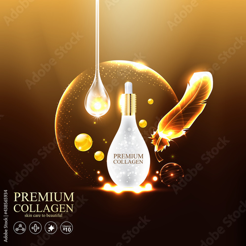 Collagen Gold Serum and Vitamin Premium Background Effect for Skin Care Cosmetic Poster.