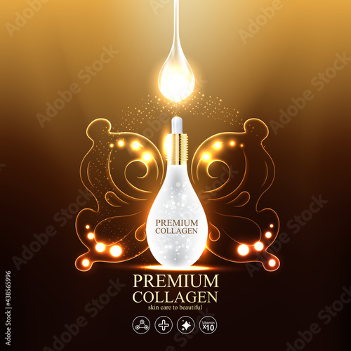 Collagen Gold Serum and Vitamin Premium Background Effect for Skin Care Cosmetic Poster.