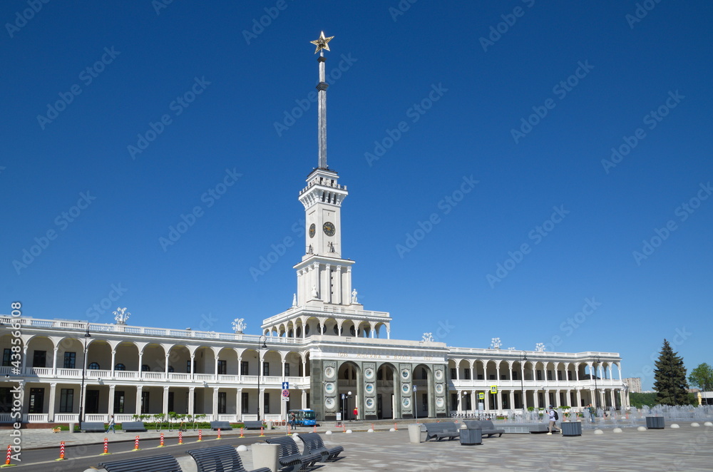 Moscow, Russia - June 3, 2021: The building of the Northern River Station after restoration on a sunny summer day