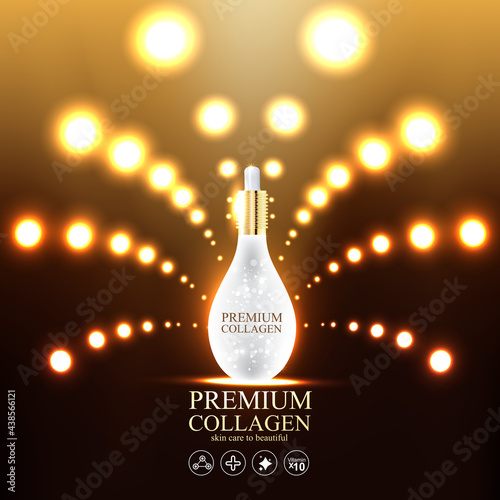 Collagen Gold Serum and Vitamin Premium Background Effect for Skin Care Cosmetic Poster.
