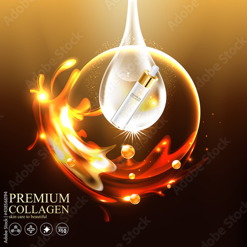 Collagen Gold Serum and Vitamin Premium Background Effect for Skin Care Cosmetic Poster.