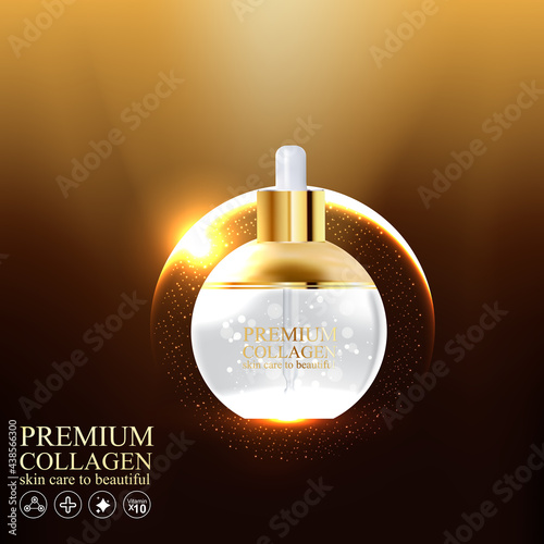 Collagen Gold Serum and Vitamin Premium Background Effect for Skin Care Cosmetic Poster.