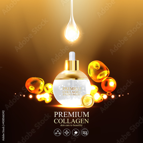 Collagen Gold Serum and Vitamin Premium Background Effect for Skin Care Cosmetic Poster.