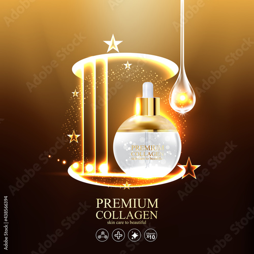 Collagen Gold Serum and Vitamin Premium Background Effect for Skin Care Cosmetic Poster.