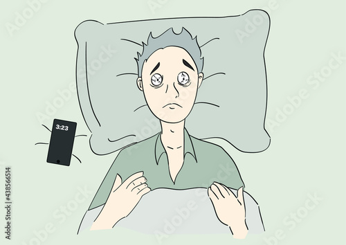 The man with insomnia cannot sleep. Hand drawn style vector design illustrations