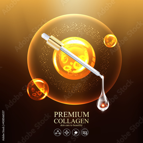 Collagen Gold Serum and Vitamin Premium Background Effect for Skin Care Cosmetic Poster.