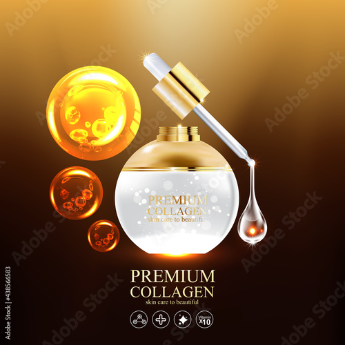 Collagen Gold Serum and Vitamin Premium Background Effect for Skin Care Cosmetic Poster.