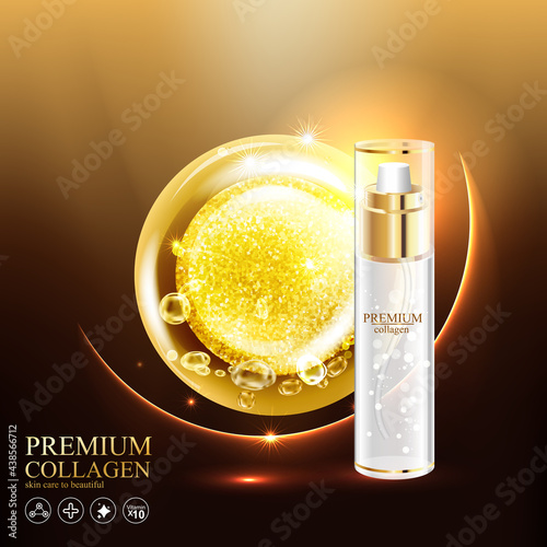 Collagen Gold Serum and Vitamin Premium Background Effect for Skin Care Cosmetic Poster.