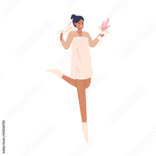 Happy young bride in short wedding dress and bridal veil. Smiling fiancee holding beautiful flower bouquet in hands and rejoicing. Colored flat vector illustration isolated on white background