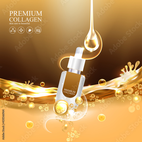Collagen Gold Serum and Vitamin Premium Background Effect for Skin Care Cosmetic Poster.
