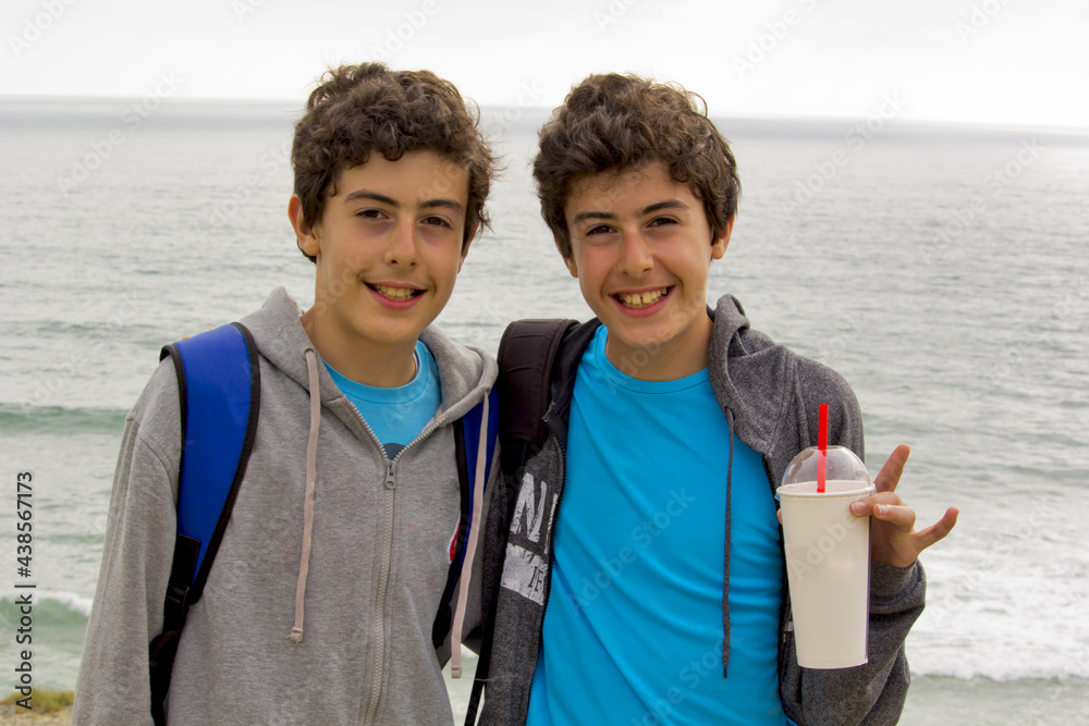 happy twins smiling at camera on the beach happy twins smiling at camera on the beach