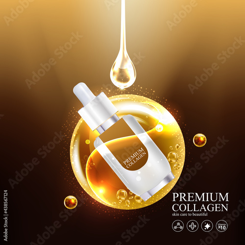 Collagen Gold Serum and Vitamin Premium Background Effect for Skin Care Cosmetic Poster.