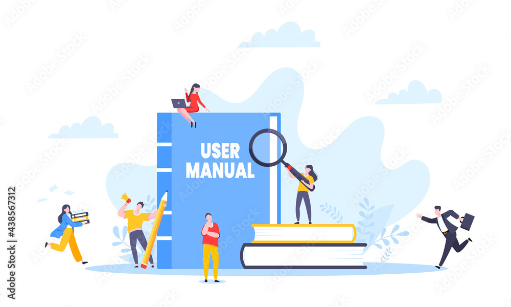 Naklejka premium User manual guide book flat style design vector illustration. Tiny people, magnifying glass and guidance manual instructions working together with guide book. Specifications user guidance document.