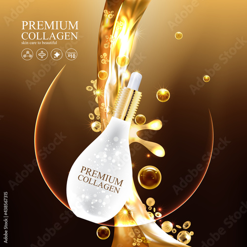 Collagen Gold Serum and Vitamin Premium Background Effect for Skin Care Cosmetic Poster.