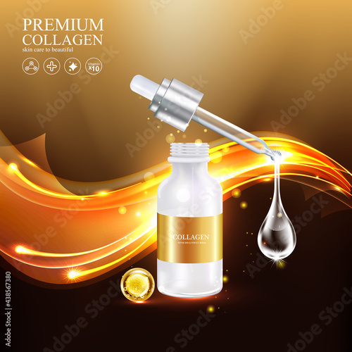 Collagen Gold Serum and Vitamin Premium Background Effect for Skin Care Cosmetic Poster.