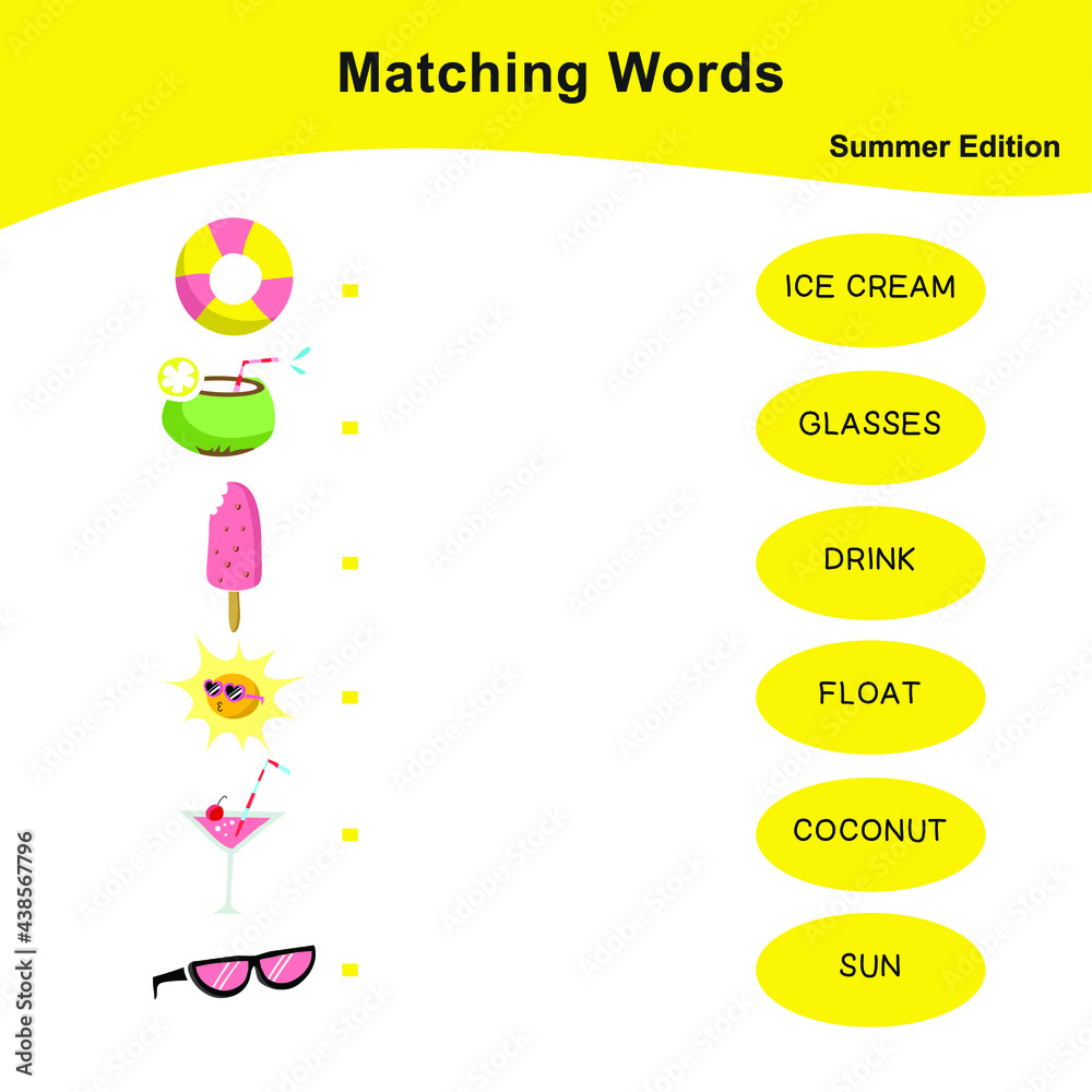 Matching words game summer edition. Matching words game for kids