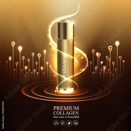 Collagen Gold Serum and Vitamin Premium Background Effect for Skin Care Cosmetic Poster.