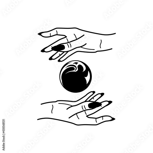 Esoteric concept mystic symbols and fortune-telling hands black vector illustration.