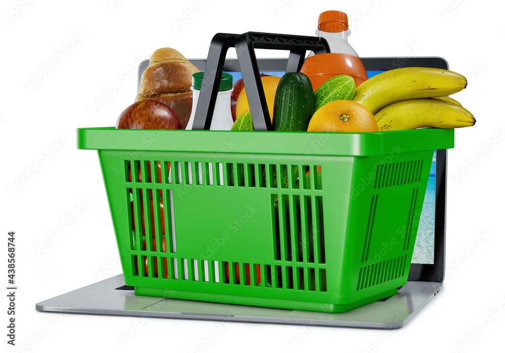 online buying and delivery green shopping basket with fresh food on laptop isolated on white
online buying and delivery green shopping basket with fresh food on laptop isolated on white
