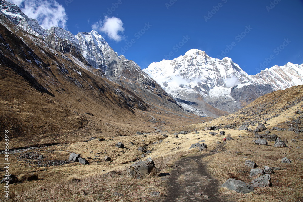 View of Annapurna South from hiking trail near Annapurna Base Camp, Nepal