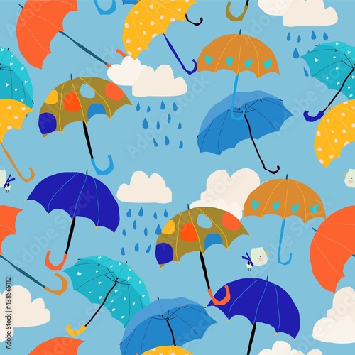 Seamless Pattern with Colorful Umbrellas in the Sky