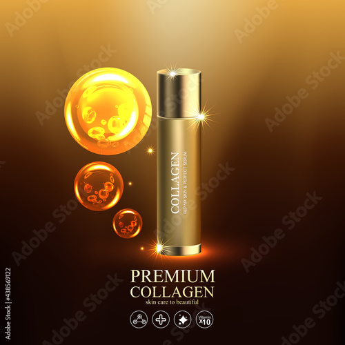 Collagen Gold Serum and Vitamin Premium Background Effect for Skin Care Cosmetic Poster.
