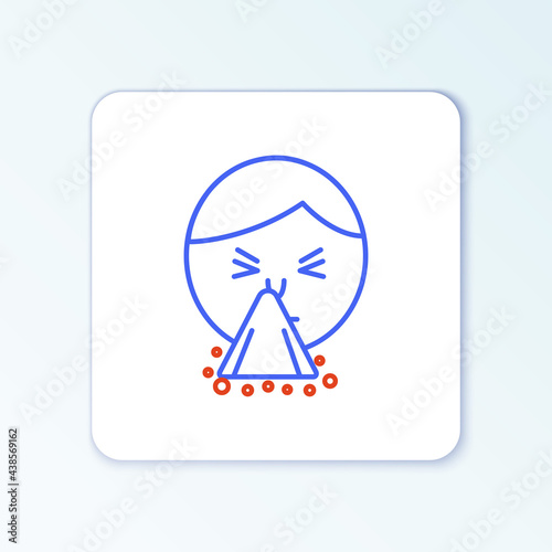 Line Man holding handkerchief or napkin to his runny nose icon isolated on white background. Coryza desease symptoms. Colorful outline concept. Vector